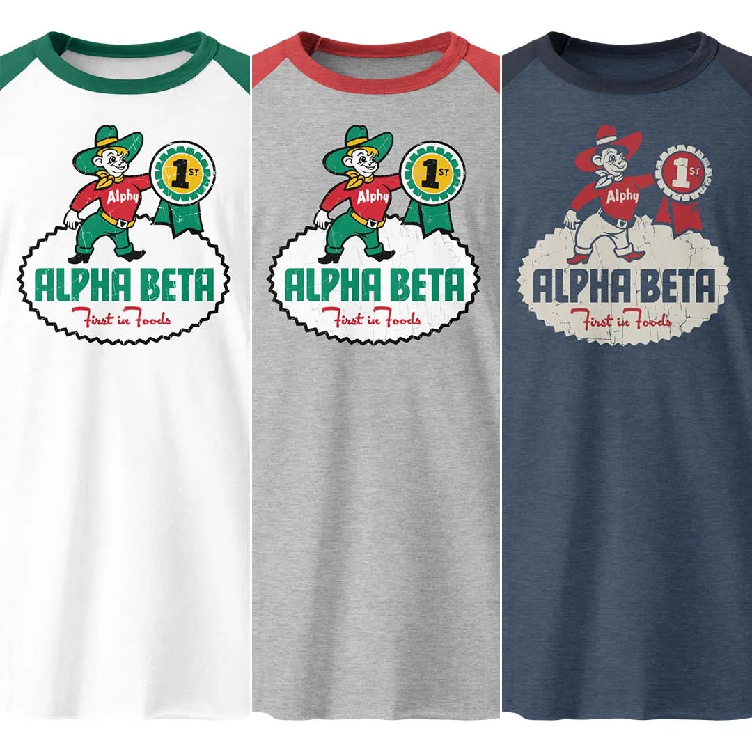 Alpha Beta Grocery Store unisex 3/4 sleeve raglan baseball tee