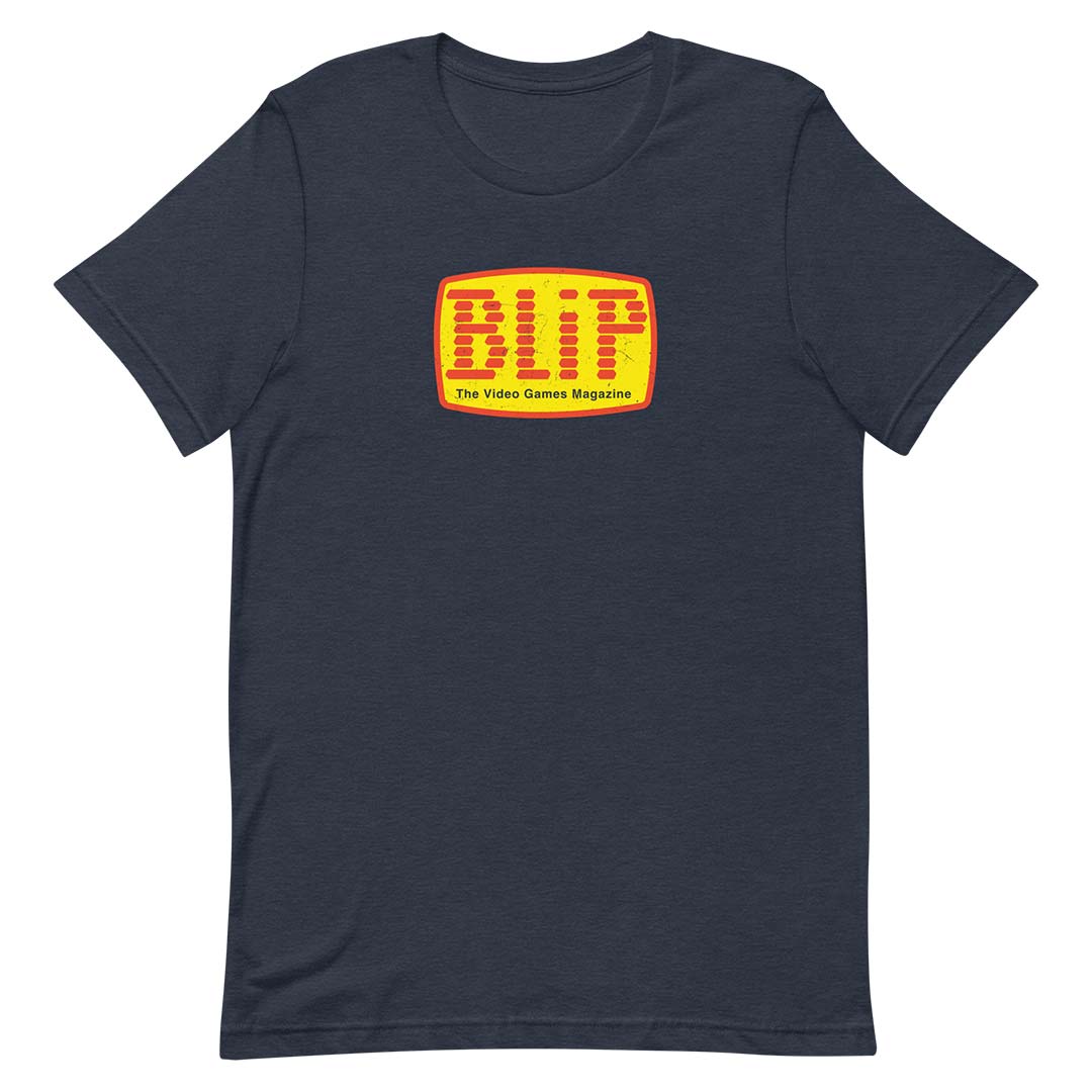 A dark navy blue short-sleeve t-shirt with a retro-style yellow and orange 'BLIP' logo printed on the chest, displayed against a solid white background.