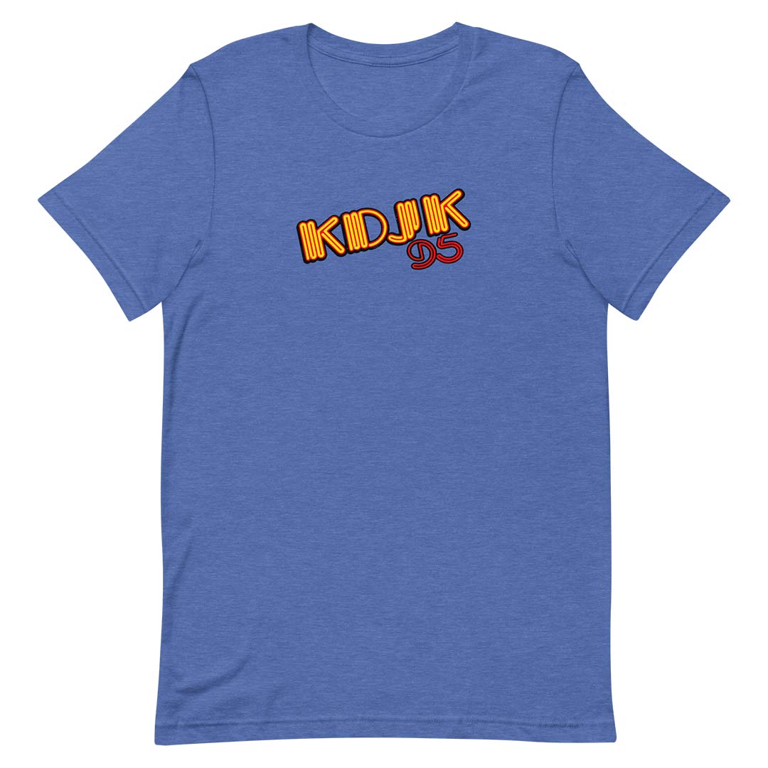 A heather blue short-sleeve t-shirt with a graphic on the chest reading 'KDJK 95' in orange and red bubble lettering, displayed on a solid white background.