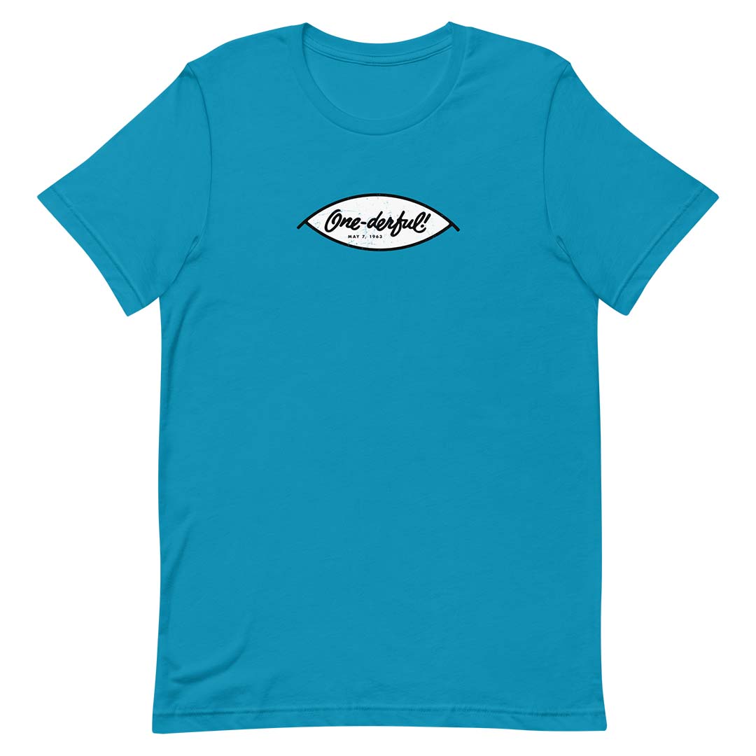 A bright turquoise blue short-sleeve crewneck t-shirt with a white and black oval graphic on the chest reading 'One-airfull!'.