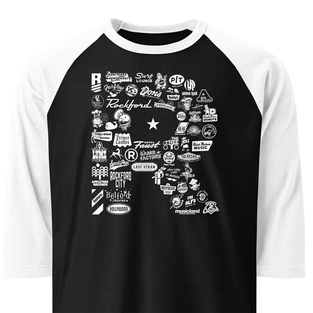 R is for Rockford Unisex Retro 3/4 sleeve raglan baseball tee