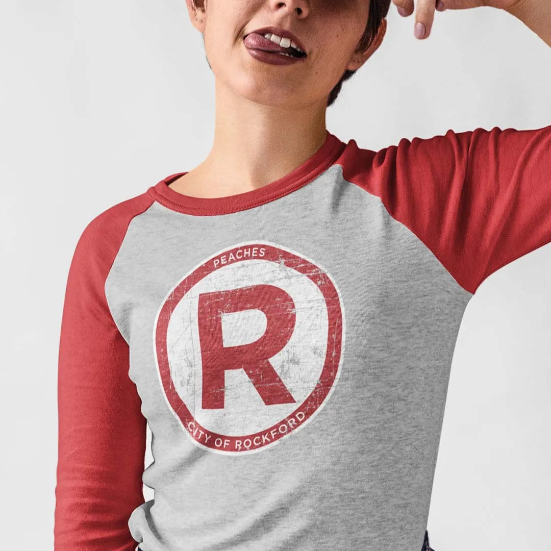 Rockford Peaches (R) unisex 3/4 sleeve raglan baseball tee
