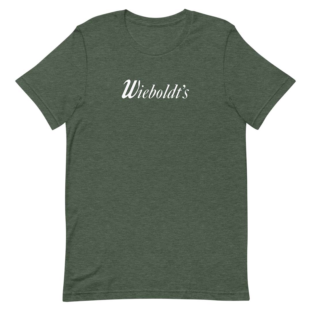 A dark heather green short-sleeve t-shirt with the name 'Wieboldi's' printed in white cursive script across the chest, displayed on a solid white background.