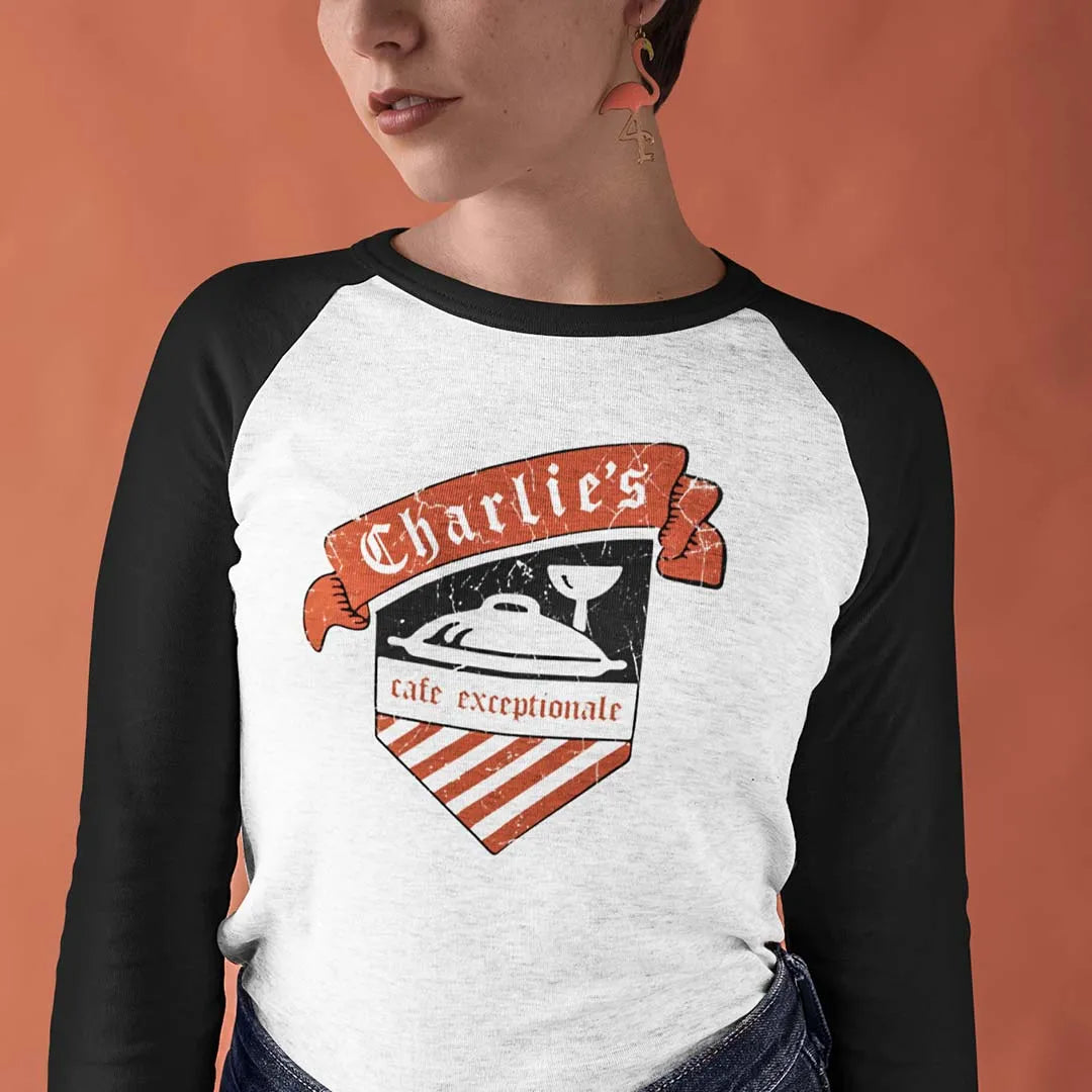 Charlie’s Cafe Exceptionale Minneapolis unisex 3/4 sleeve raglan baseball tee