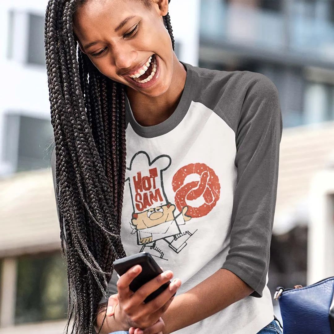 Hot Sam Pretzels unisex 3/4 sleeve raglan baseball tee