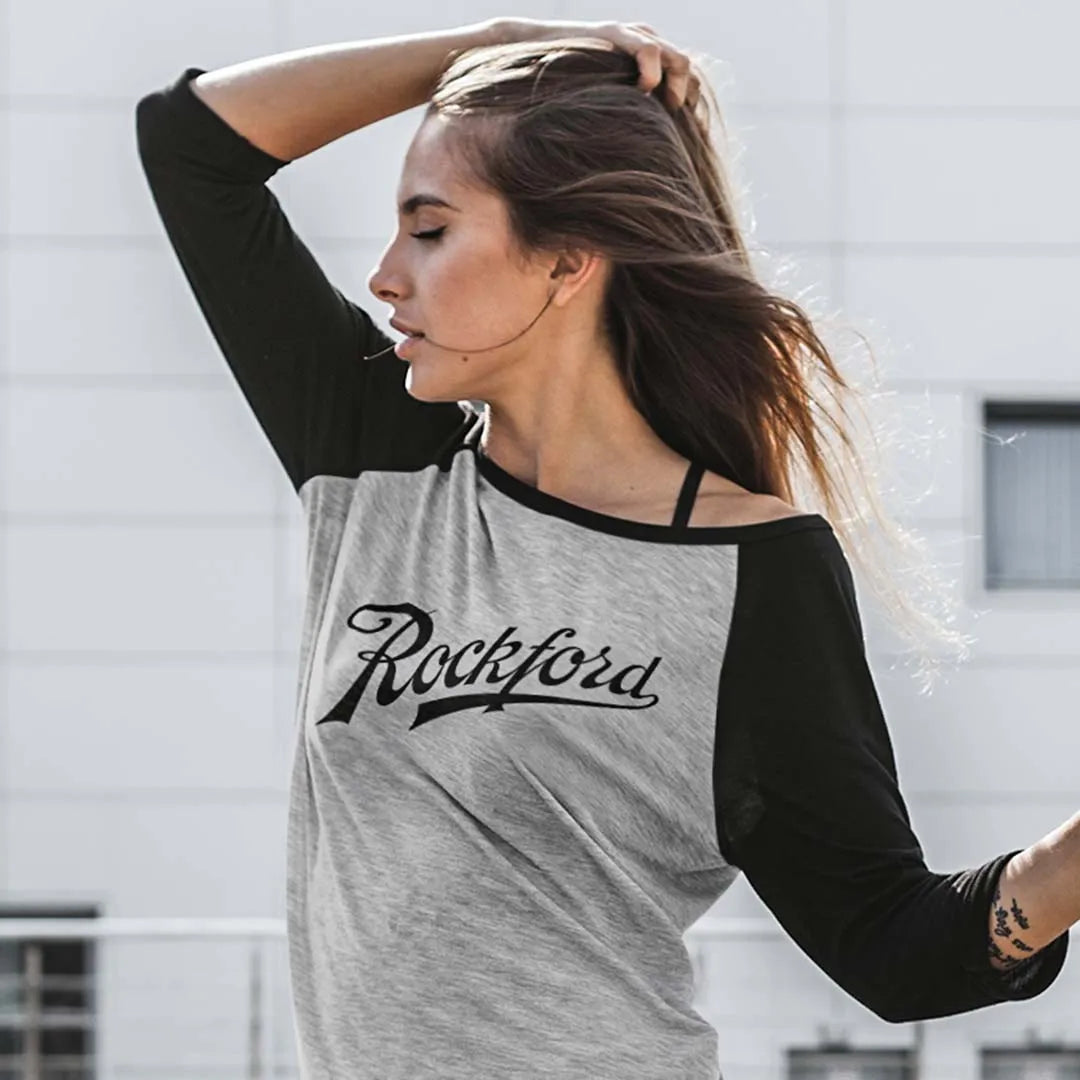 Rockford Script unisex 3/4 sleeve raglan baseball tee