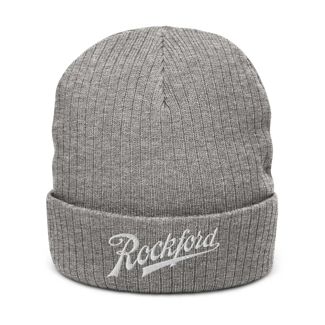 Rockford Script Ribbed Knit Beanie gray
