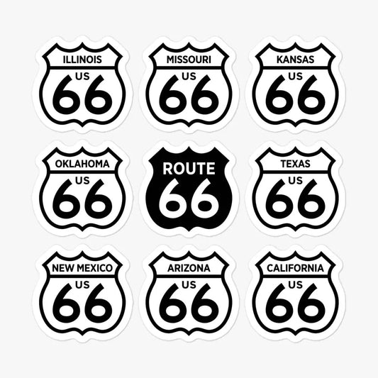 Route 66 States Sticker Sheet Illinois Missouri Kansas Oklahoma Texas New Mexico Arizona California - Bygone Brand