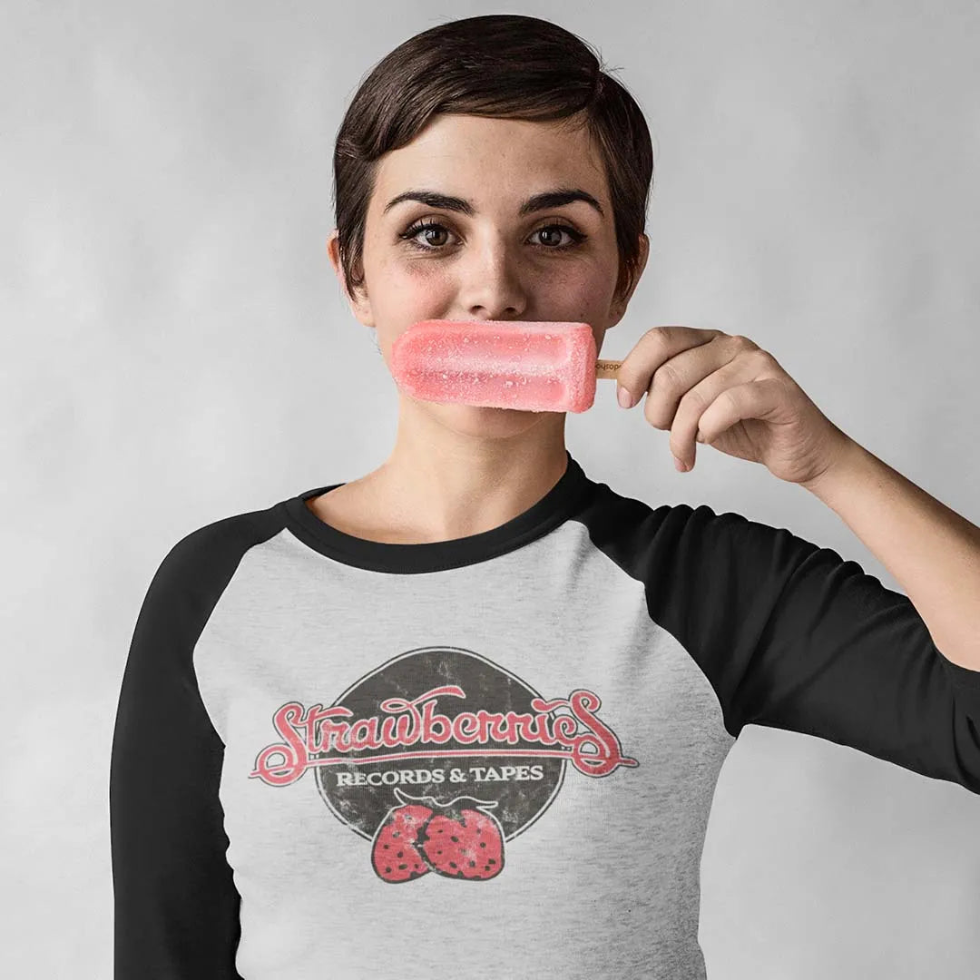 Strawberries Records & Tapes unisex 3/4 sleeve raglan baseball tee
