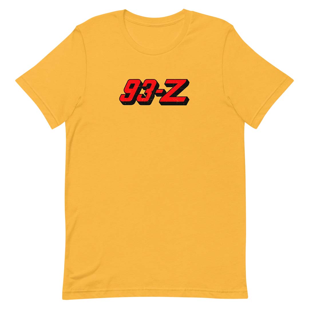 A yellow short-sleeve crewneck t-shirt featuring a red and black '93-Z' graphic printed across the chest, displayed on a clean white background.
