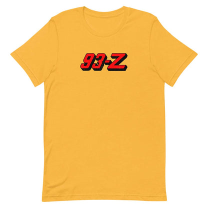 A yellow short-sleeve crewneck t-shirt featuring a red and black '93-Z' graphic printed across the chest, displayed on a clean white background.