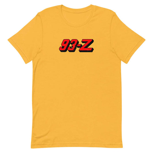 A yellow short-sleeve crewneck t-shirt featuring a red and black '93-Z' graphic printed across the chest, displayed on a clean white background.