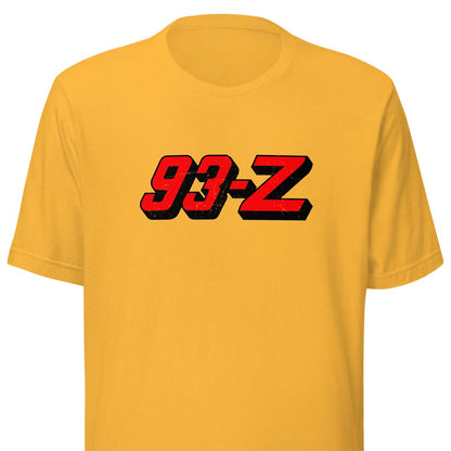 A yellow short-sleeve crewneck t-shirt featuring a red and black '93-Z' graphic printed across the chest.