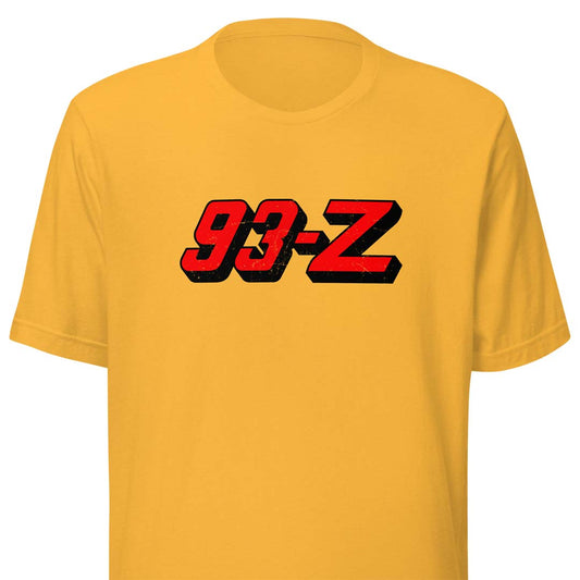 A yellow short-sleeve crewneck t-shirt featuring a red and black '93-Z' graphic printed across the chest.