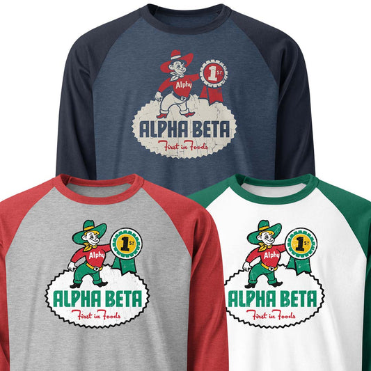 Alpha Beta Grocery Store unisex 3/4 sleeve raglan baseball tee