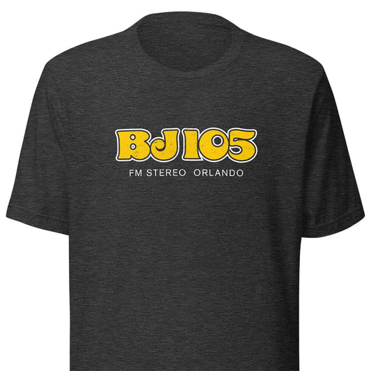 A dark heather gray crewneck t-shirt featuring a yellow and white 'BJ 105 FM STEREO ORLANDO' graphic on the chest, displayed against a solid white background.
