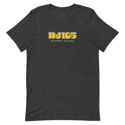 A dark heather gray crewneck t-shirt featuring a yellow and white 'BJ 105 FM STEREO ORLANDO' graphic on the chest, displayed against a solid white background.