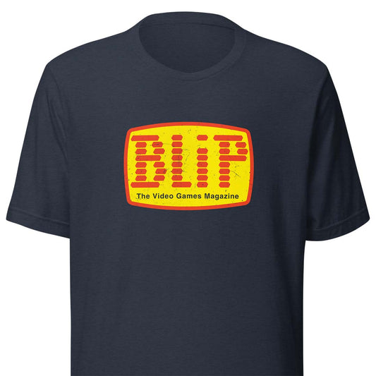 A navy blue short-sleeve t-shirt featuring a retro-style yellow and orange 'BLIP The Video Games Magazine' logo printed on the chest, shown against a plain white background.