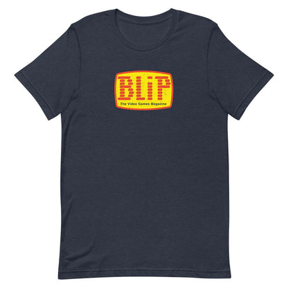 A dark navy blue short-sleeve t-shirt with a retro-style yellow and orange 'BLIP' logo printed on the chest, displayed against a solid white background.
