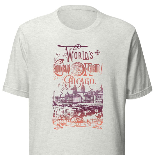 A light heather gray short-sleeve t-shirt with a vintage-style graphic print on the front. The graphic features the text 'World's Columbian Exhibition Chicago' in a reddish-brown ornate font, above an illustration of the Chicago exposition building and a river scene, with years '1492', '1893', and '1892' at the bottom.