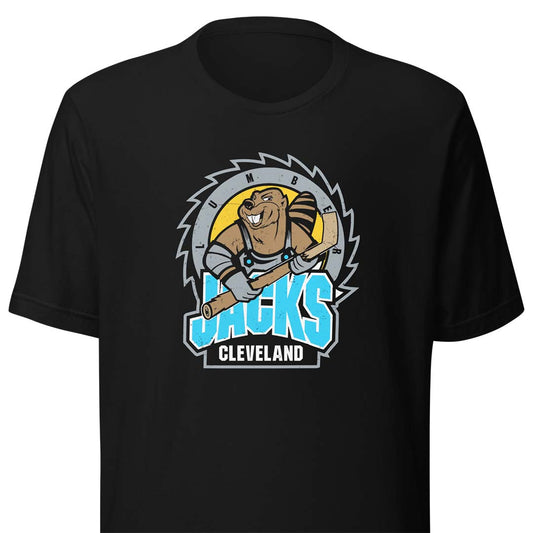 A black short-sleeve crewneck t-shirt featuring a graphic print of a cartoon beaver holding a chainsaw, with the text 'LUMBER JACKS CLEVELAND' in light blue and white.
