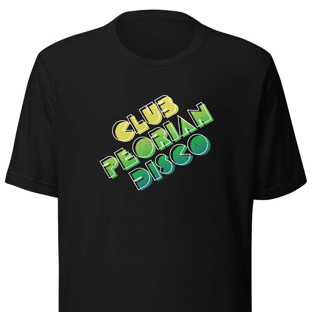 A black short-sleeve crewneck t-shirt featuring a retro-style graphic on the chest that reads 'CLUB PEORIAN DISCO' in a wavy, 3D-effect font with yellow, green, and blue colors.