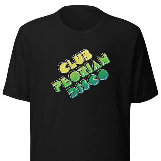 A black short-sleeve crewneck t-shirt featuring a retro-style graphic on the chest that reads 'CLUB PEORIAN DISCO' in a wavy, 3D-effect font with yellow, green, and blue colors.