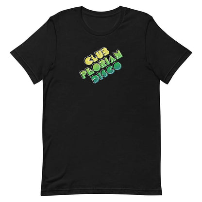 A black short-sleeve crewneck t-shirt featuring a retro-style graphic on the chest that reads 'CLUB PEORIAN DISCO' in yellow, green, and blue gradient lettering, displayed against a solid white background.