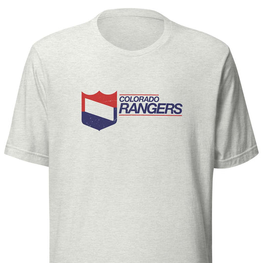 A light heather gray short-sleeve t-shirt featuring the Colorado Rangers logo printed on the chest in red, white, and blue.