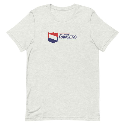 A light heather gray short-sleeve crewneck t-shirt featuring a Colorado Rangers graphic on the left chest, displayed against a solid white background.