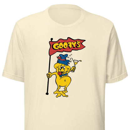 An off-white short-sleeve t-shirt featuring a retro graphic of the yellow Goofy character holding a red flag that reads 'GOOFY'S' in yellow letters.