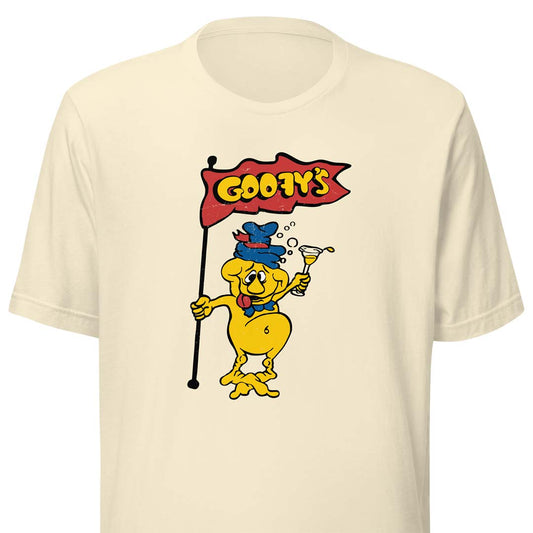 An off-white short-sleeve t-shirt featuring a retro graphic of the yellow Goofy character holding a red flag that reads 'GOOFY'S' in yellow letters.