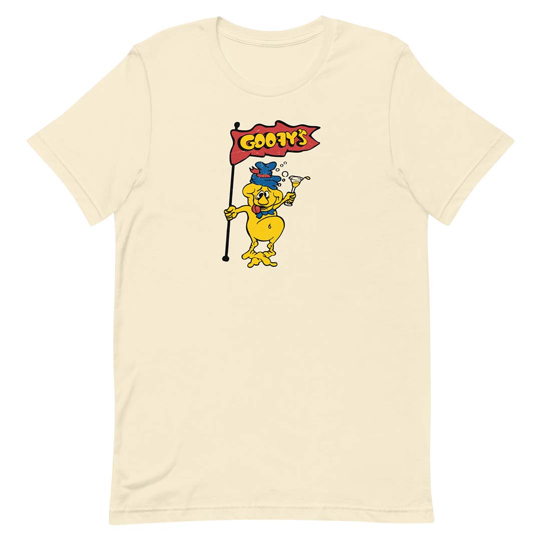 A cream-colored short-sleeve crewneck t-shirt featuring a cartoon graphic of a yellow character holding a red flag that reads 'COONY'S'.