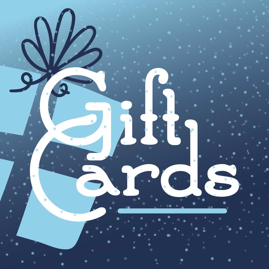 Digital graphic featuring the text 'Gift Cards' in a white decorative serif font, overlaid on a light blue gift box with a dark blue bow, set against a dark blue background with white snowflake details.