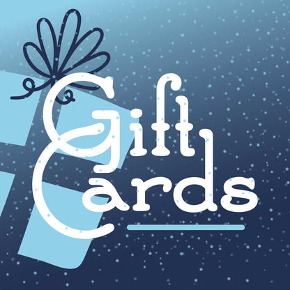 Digital graphic featuring the text 'Gift Cards' in a white decorative serif font, overlaid on a light blue gift box with a dark blue bow, set against a dark blue background with white snowflake details.