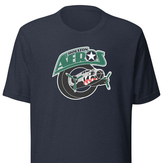 A navy blue short-sleeve crewneck t-shirt featuring a graphic print on the front with the text 'HOUSTON AEROS' in green and white, a star, and a vintage airplane illustration.