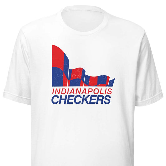 A white short-sleeve crewneck t-shirt featuring a distressed red and blue graphic of the Indianapolis Checkers logo on the chest.