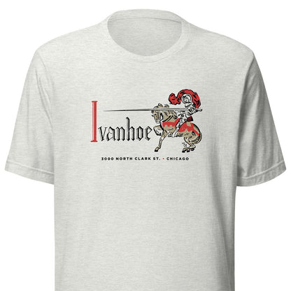 A light heather gray short-sleeve t-shirt with a vintage-style graphic on the chest. The graphic features the text 'Ivanhoe' in black and red, alongside an illustration of a knight in red armor on a horse.