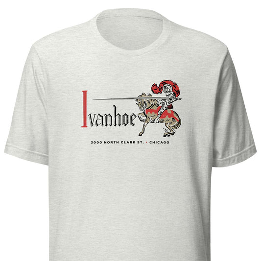 A light heather gray short-sleeve t-shirt with a vintage-style graphic on the chest. The graphic features the text 'Ivanhoe' in black and red, alongside an illustration of a knight in red armor on a horse.