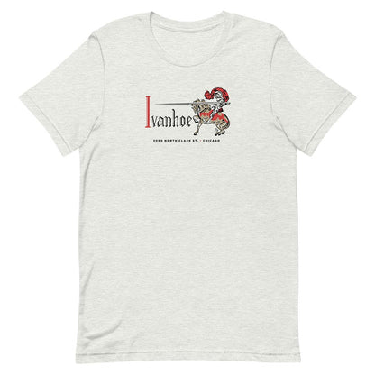 A light heather gray short-sleeve t-shirt with a vintage-style graphic on the chest featuring the text 'Ivanhoe' in red and black, a dalmatian and a horse, and small text reading '2020 NORTH CLAREMONT, OH - OHIO'.