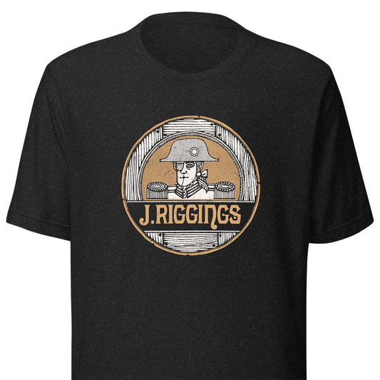 A black short-sleeve crewneck t-shirt featuring a circular graphic print on the chest. The graphic depicts a naval admiral in a military helmet and coat, with the text 'J. Rggings'