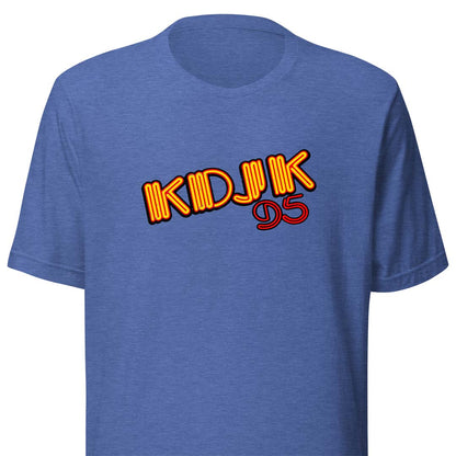A heather blue short-sleeve t-shirt featuring a retro-style graphic on the chest that reads 'KDJK 95' in orange and red.