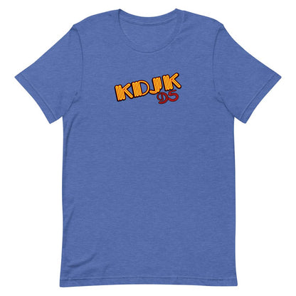 A heather blue short-sleeve t-shirt with a graphic on the chest reading 'KDJK 95' in orange and red bubble lettering, displayed on a solid white background.