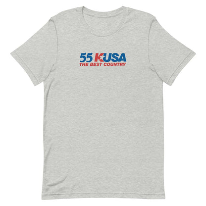 A light heather gray short-sleeve t-shirt with a '55 K-USA THE BEST COUNTRY' graphic printed on the chest in blue and red, displayed on a clean white background.
