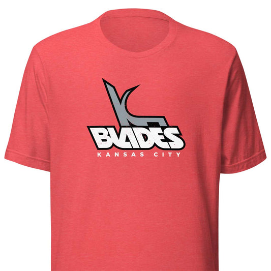 A heather red short-sleeve t-shirt featuring a 'Blades Kansas City' logo printed on the chest in white, gray, and black.