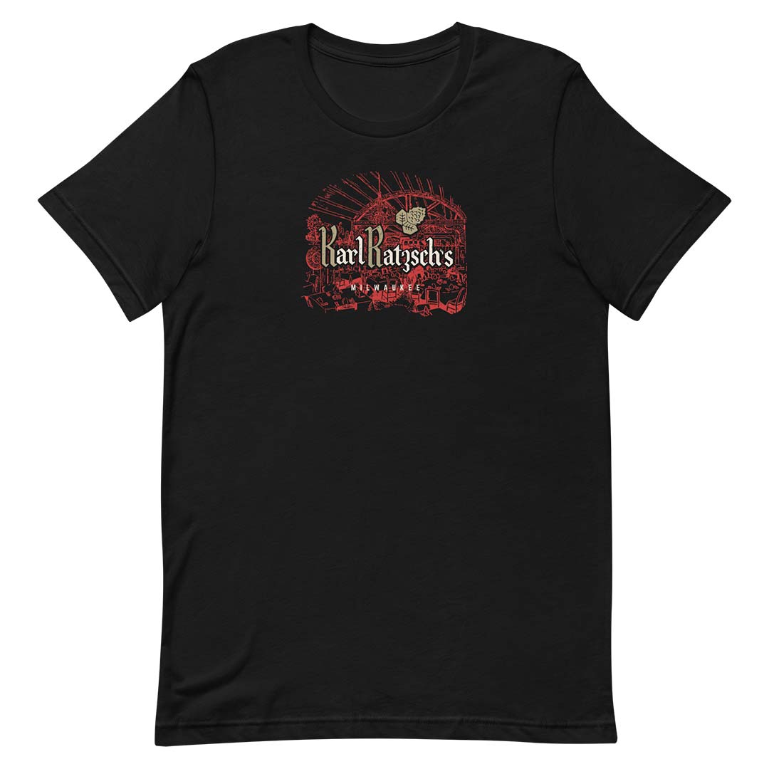 A black short-sleeve crewneck t-shirt featuring a vintage-style red and beige graphic on the chest with the text 'Karl Ratzsch's' and 'Milwaukee'.