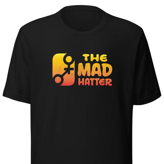 A black short-sleeve crewneck t-shirt featuring a retro-style graphic on the chest with the text 'THE MAD HATTER' in yellow, orange, and red gradient lettering alongside a matching graphic icon.