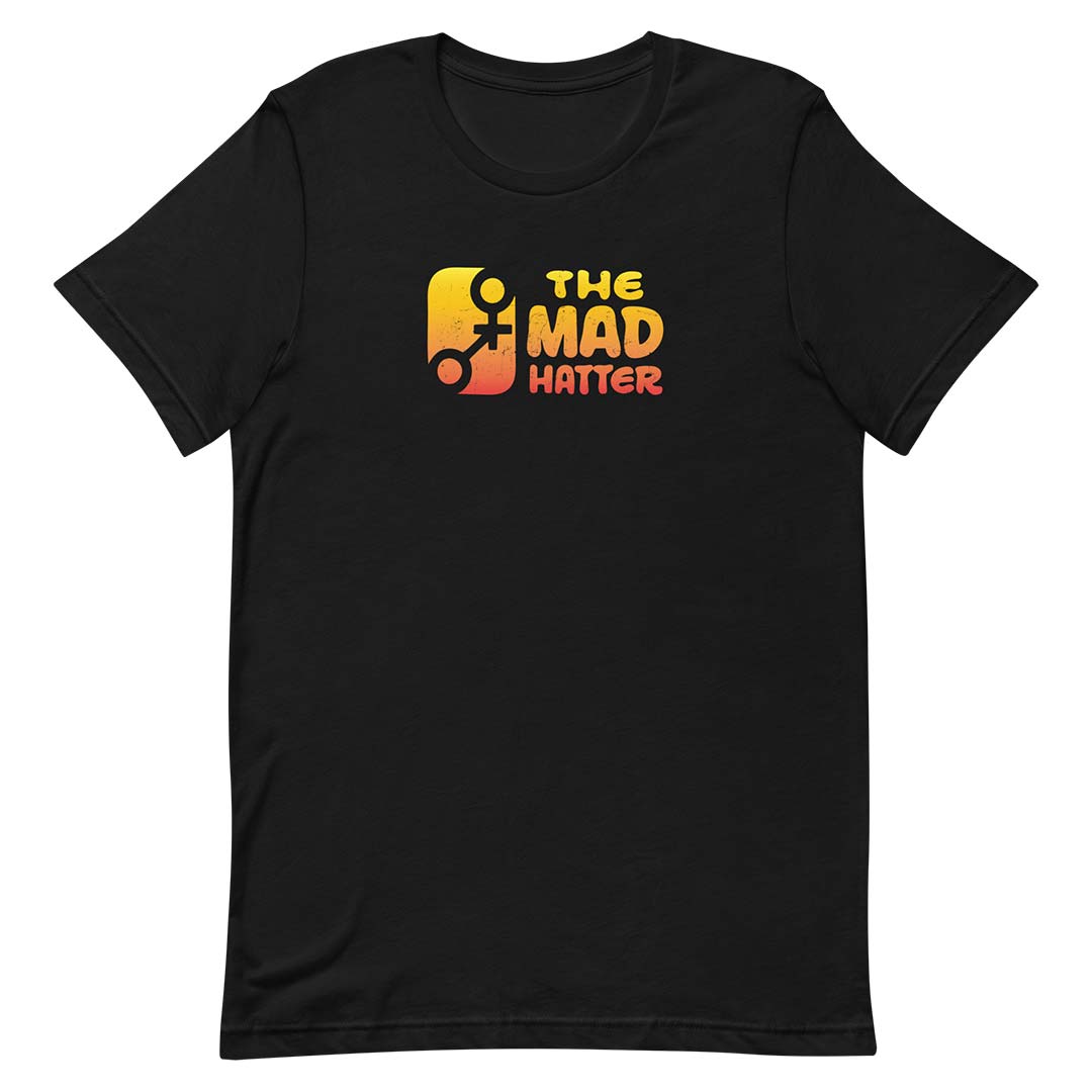 A black short-sleeve crewneck t-shirt featuring a retro-style graphic on the chest with the text 'THE MAD HATTER' in yellow and orange, alongside a stylized figure icon, shown against a plain white background.