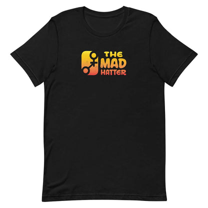 A black short-sleeve crewneck t-shirt featuring a retro-style graphic on the chest with the text 'THE MAD HATTER' in yellow and orange, alongside a stylized figure icon, shown against a plain white background.
