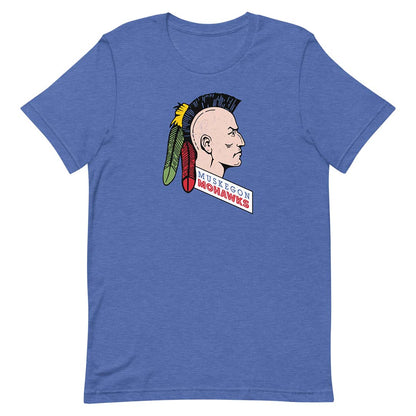 A heather blue short-sleeve t-shirt featuring a graphic of a Native American profile with a mohawk and feathers, and the text 'Muskegon Mohawks' printed on the chest.